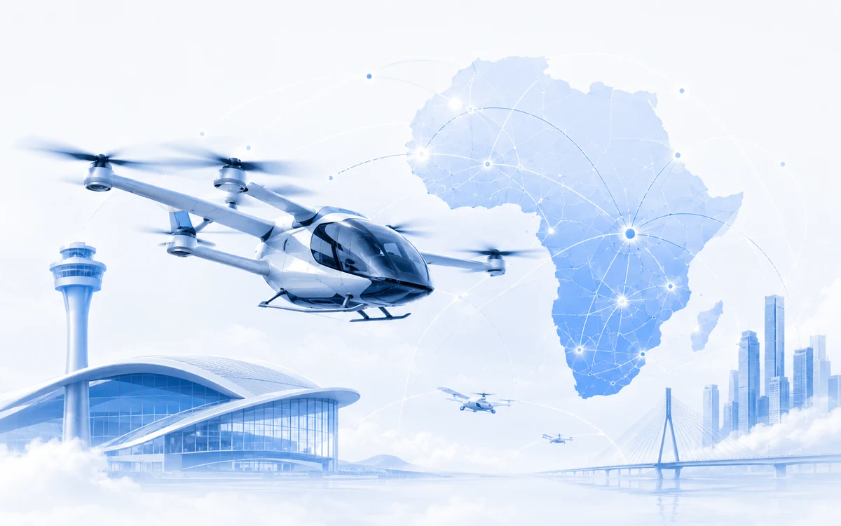 Illustration of drone and advanced air mobility over Africa
