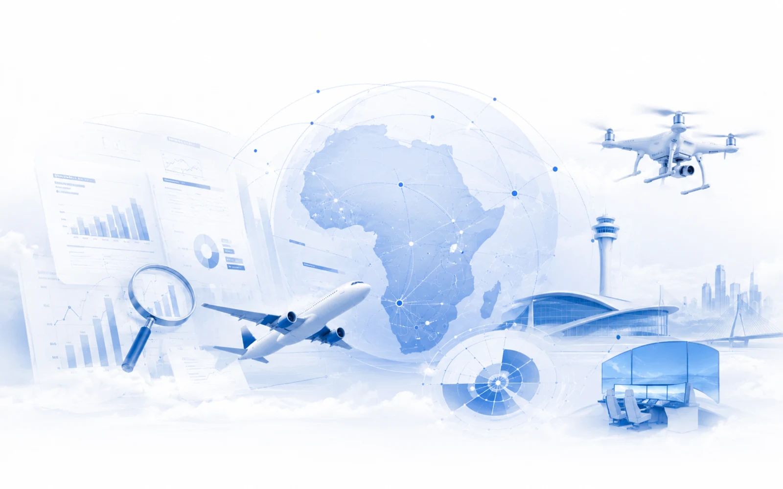 Insights illustration showing aviation analytics, Africa market intelligence, and advisory tools